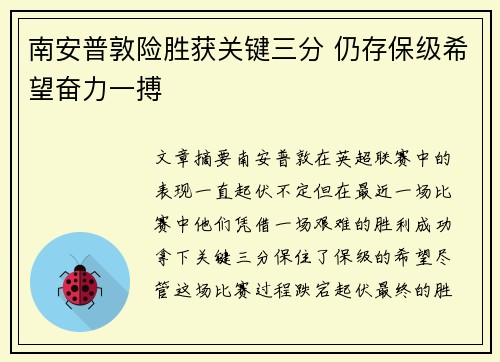 南安普敦险胜获关键三分 仍存保级希望奋力一搏