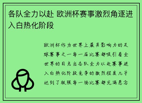 各队全力以赴 欧洲杯赛事激烈角逐进入白热化阶段
